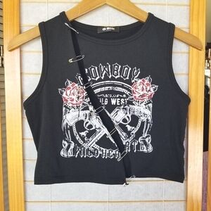 G-Mini Safety Pin Crop Top Wild West Wild Heart Black Thrashed Tank Size Med